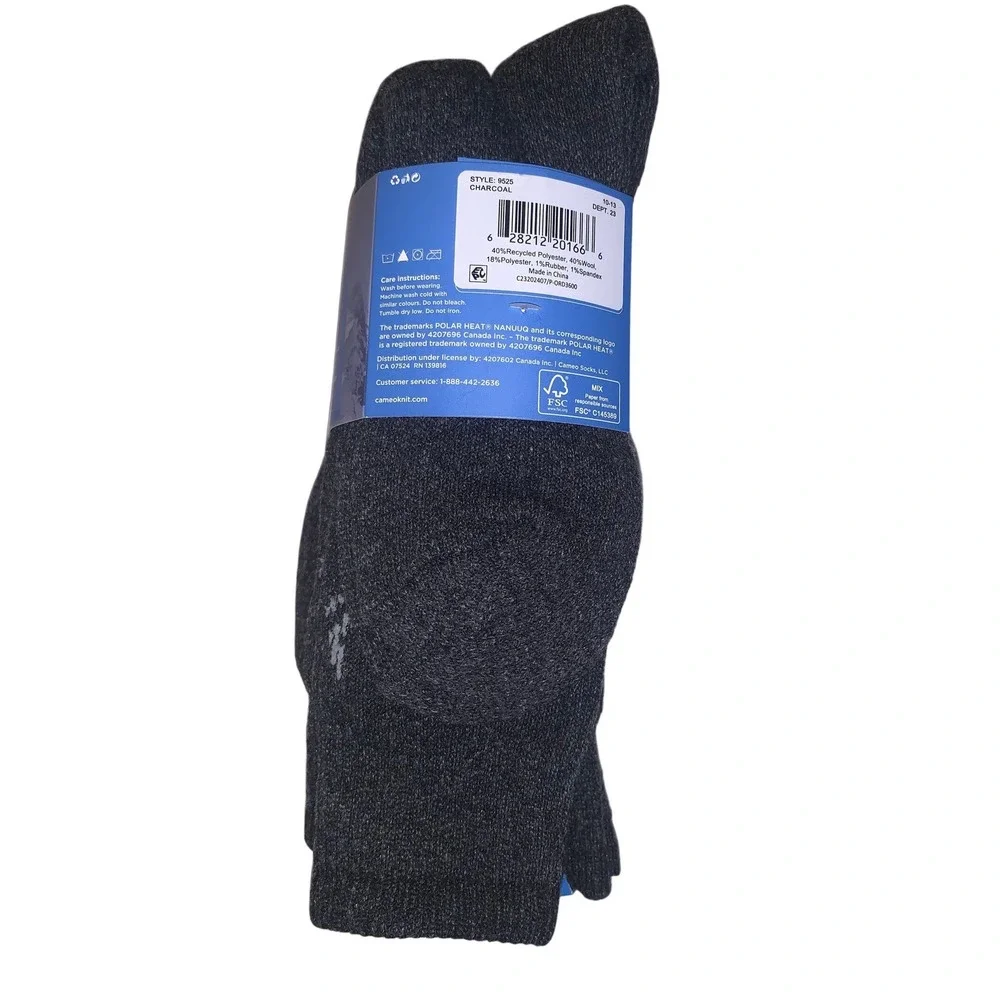 Polar Heat Nanuuq Mens 3 Pack Wool Thermal Crew Socks Charcoal Gray Size 7-12‎